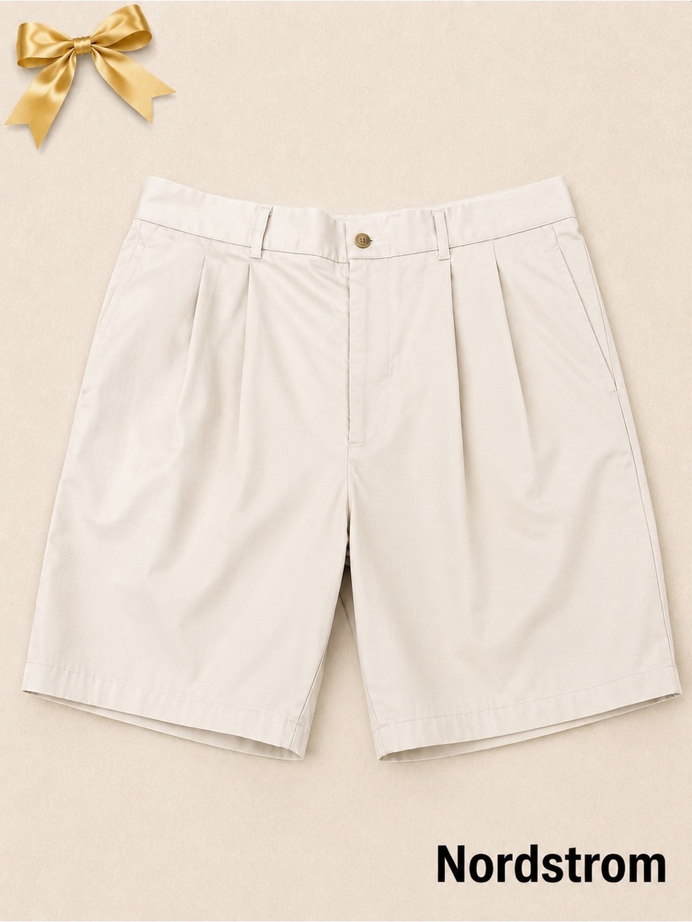 Nordstrom Pleated Shorts 36W Beige Smartcare 100% Supima Cotton Wrinklefree